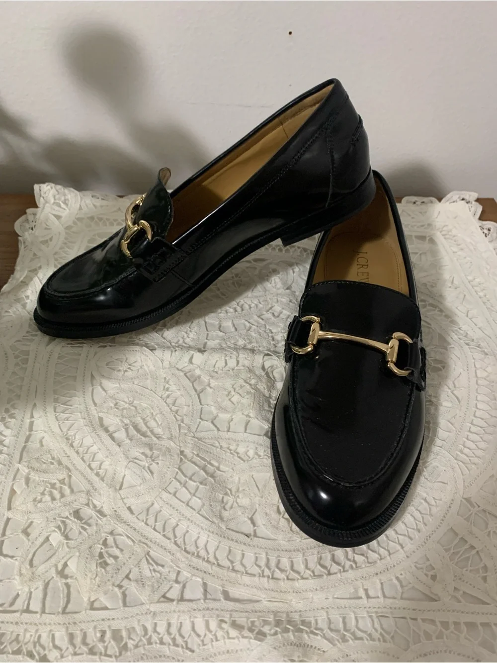 J. Crew Factory Women's Glossy Black Loafers with Gold Horsebit Accent Size 7